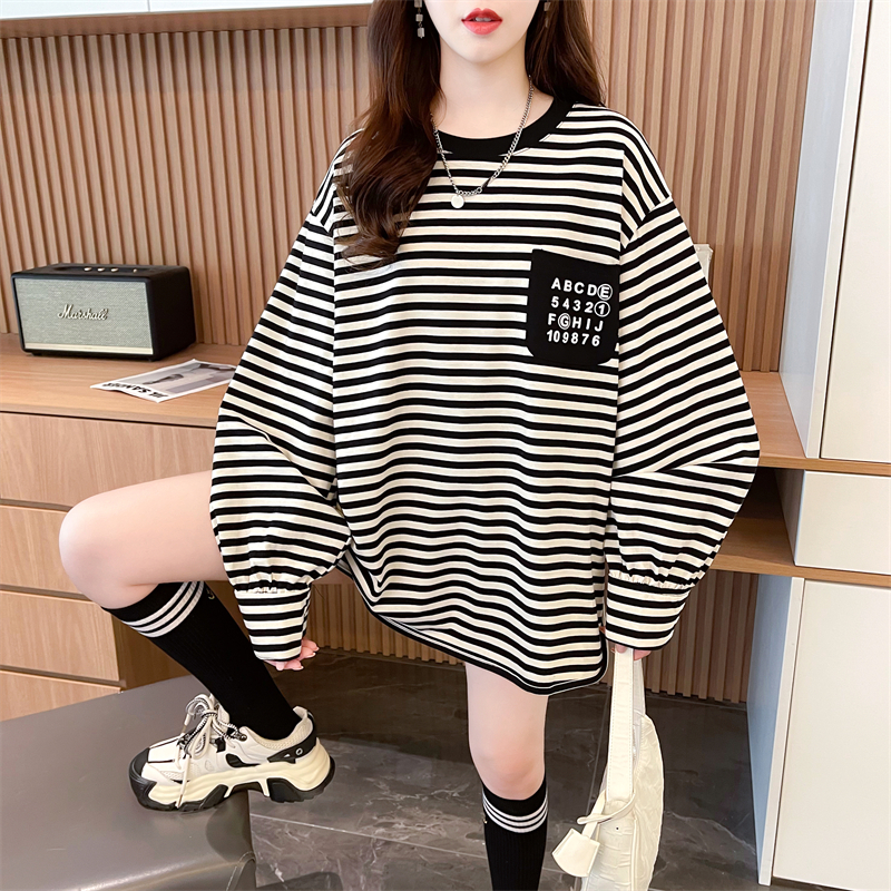 Real shot 2024 spring new 280g loose double-sided German velvet round neck spliced ​​long-sleeved bottoming shirt T-shirt for women