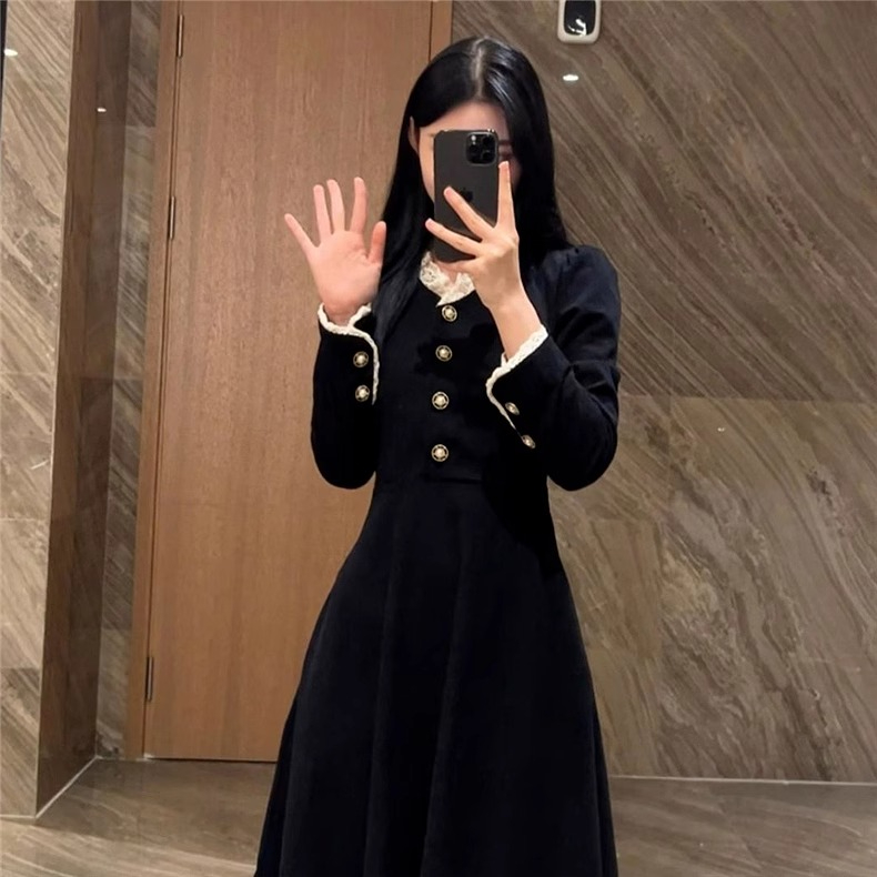 春秋長裙小香赫本風一整套裝新中式女裝黑色內搭連衣裙子