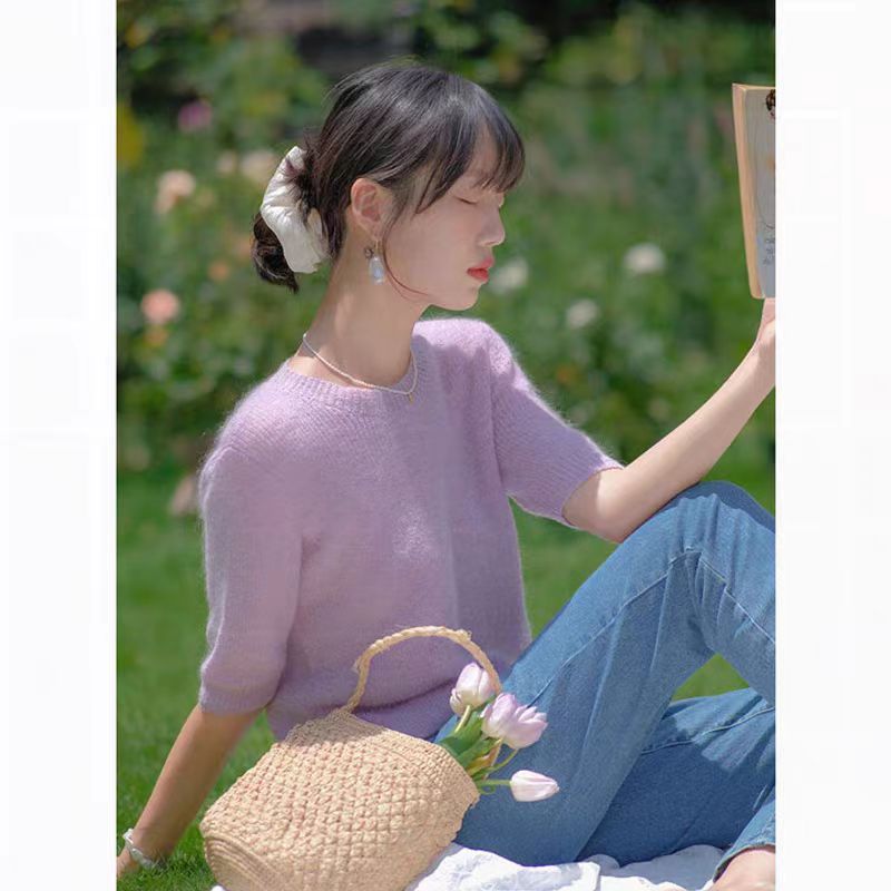 春夏季新款馬海毛毛衣女薄款短袖圓領套頭法式溫柔修身上衣