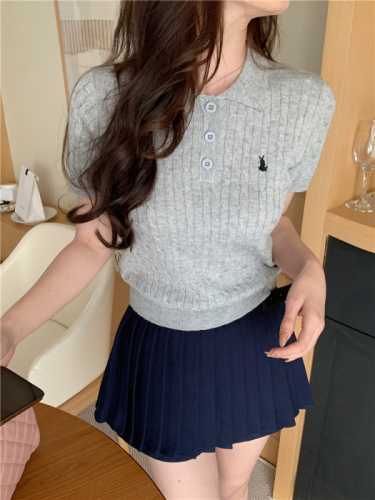 Actual shot of spring new style~Berkeley college style polo collar embroidered solid color short-sleeved twist sweater