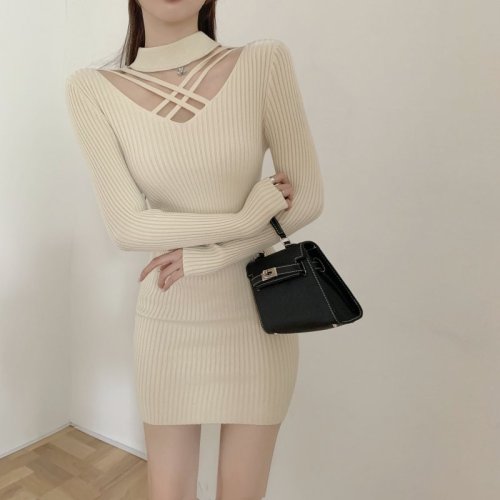 ****~Real shot of sexy halterneck cross hollow slim long-sleeved knitted dress short skirt for women in autumn and winter