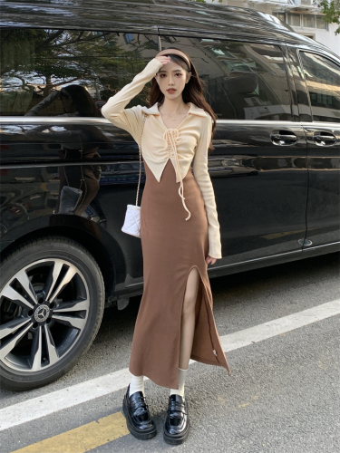 Pure Desire Wrinkled Top Short Jacket Spliced ​​Fake Two-piece Long Skirt Autumn Plus Size Design Slit Slim Dress