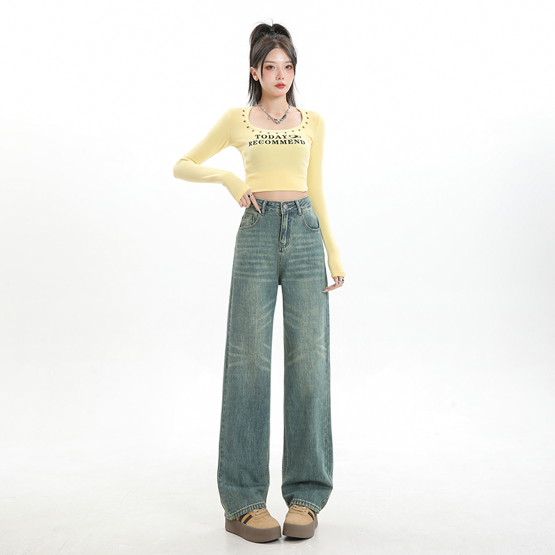 實拍~復古窄版高腰牛仔褲女2024春季美式高街顯瘦辣妹寬鬆直筒褲