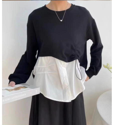 日韩系新款春季小个子拼接衬衫女宽松休闲套头时尚圆领假两件衬衣