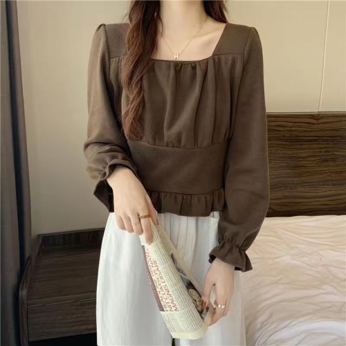 Large size long-sleeved shirt women's design niche autumn 2024 new fat MM French clavicle square collar short top