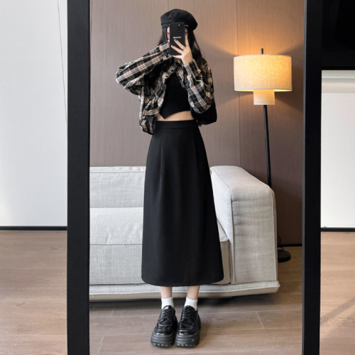 Real shot of black skirt for women 2024 new spring and summer back slit suit skirt mid-length one-step skirt a-line skirt