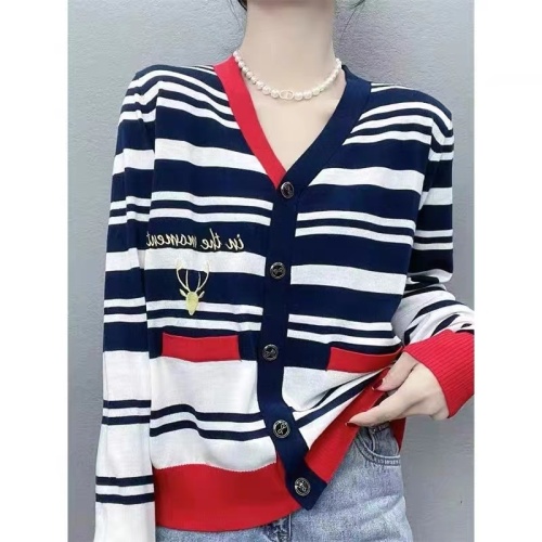 Striped contrast color V-neck knitted cardigan for women's spring new design fashionable casual foreign style versatile long-sleeved top