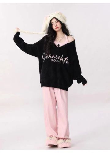 Imitation mink #fake two-piece soft and waxy lazy college style long-sleeved v-neck sweater jacket for women loose outer knitted