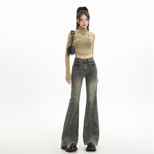 Real shot of new washed vintage jeans for spring and autumn, high waisted and slim design, versatile spicy girl flared pants