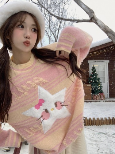Real shot of sweet flocked five-pointed star round neck rainbow sweater loose autumn lazy pullover soft waxy top