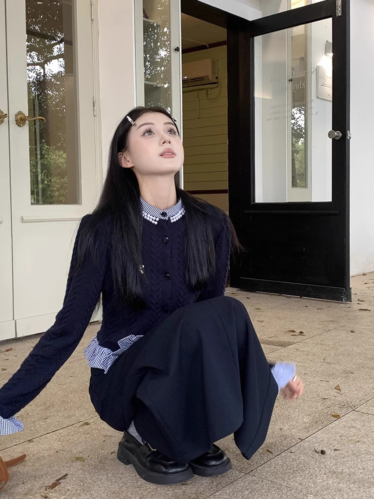 學院風套裝假兩件拼接毛衣針織衫女秋冬季高腰半身裙長裙子兩件套