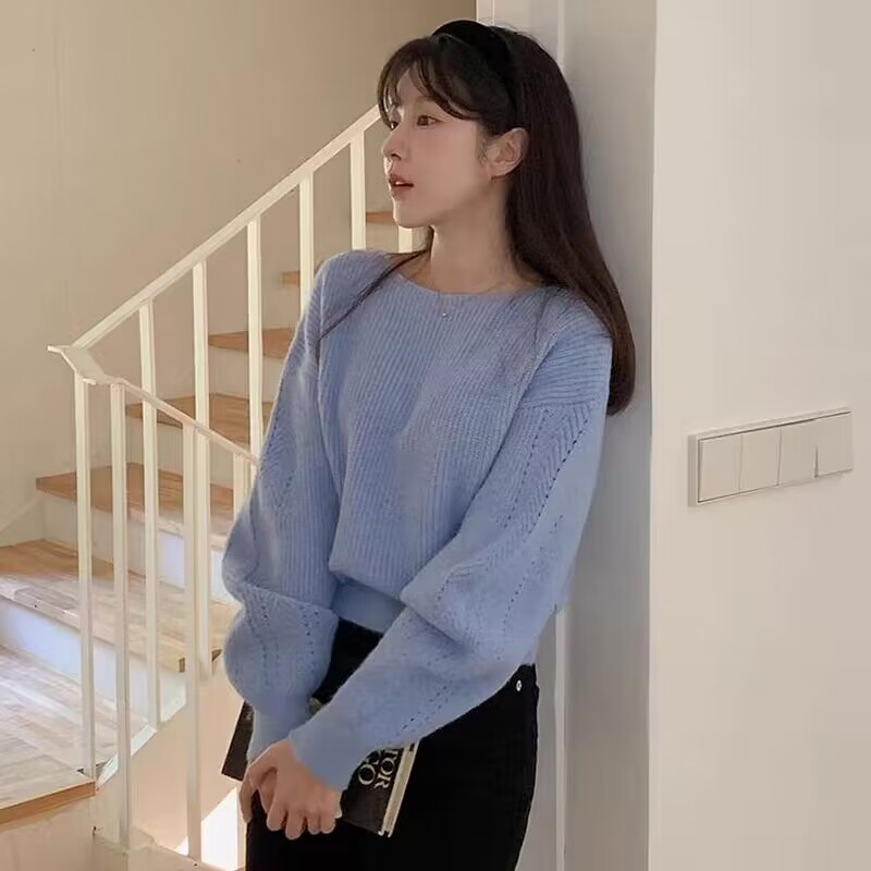 韓國 2024春季韓版一字領鏤空甜美粉針織衫加厚毛衣小衫