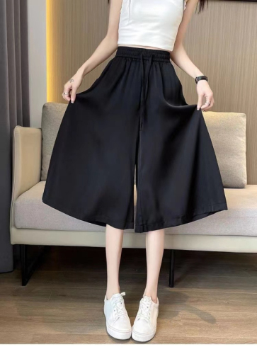 Women's large size ice silk wide-leg pants summer thin Korean style high-waisted A-line slim casual loose three-quarter culottes