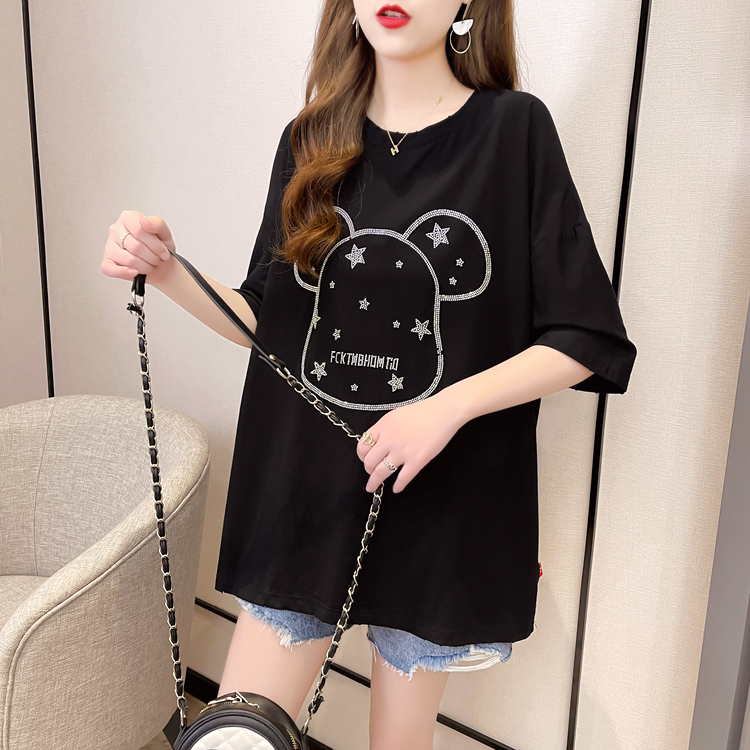 實拍 2024年夏季新款早春韓版中長款寬鬆大碼燙鑽熊短袖T恤女