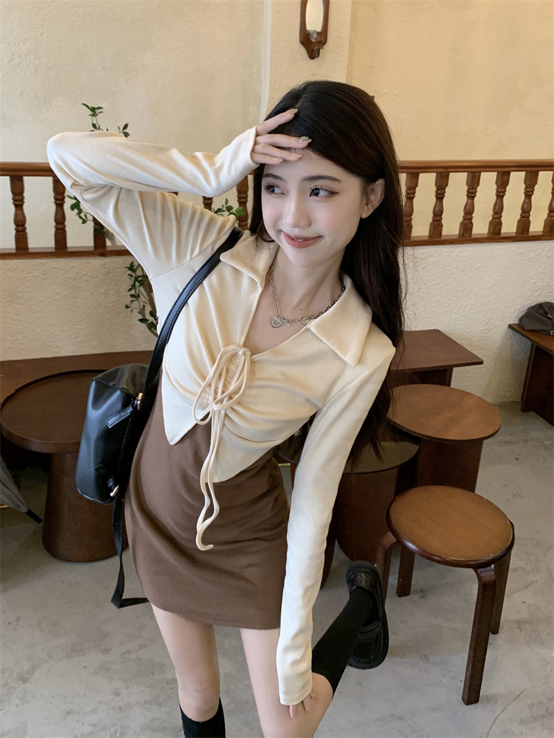 French royal sister gentle style fake two-piece long-sleeved dress for women spring high-end pure lust sexy hip-covering skirt short skirt