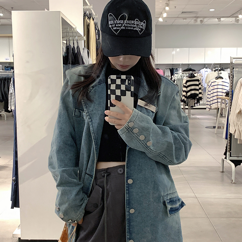 Real shot!  Hong Kong style retro blue long-sleeved denim jacket autumn and winter loose casual slim cardigan top