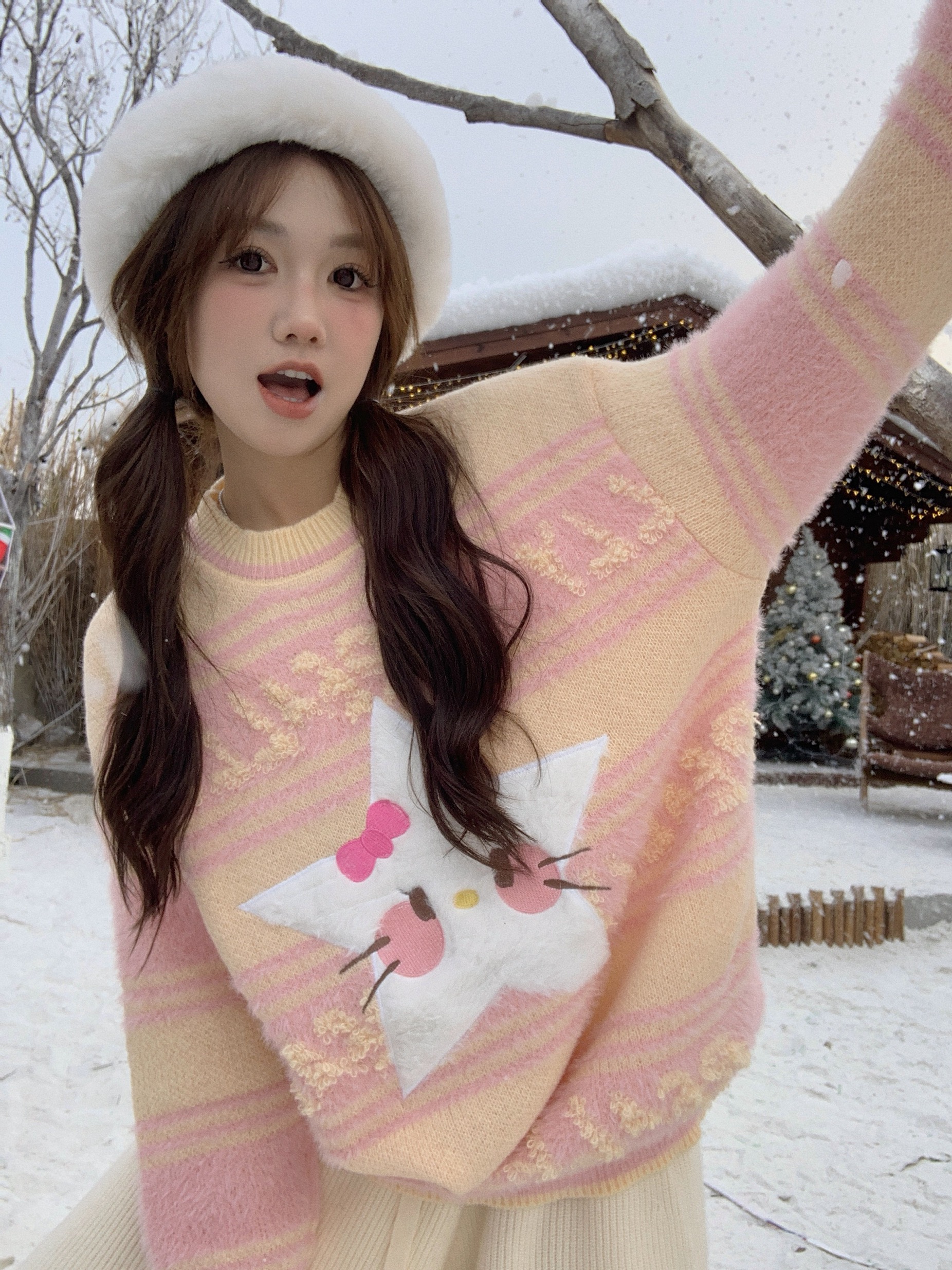 Real shot of sweet flocked five-pointed star round neck rainbow sweater loose autumn lazy pullover soft waxy top
