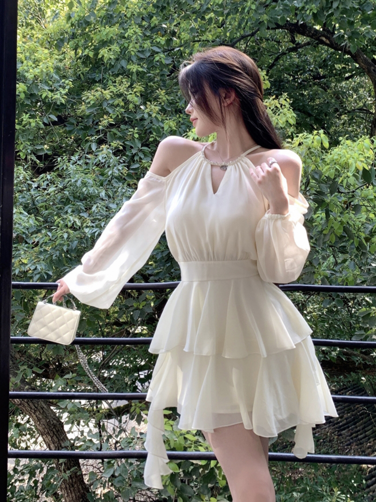 Original quality halter neck off-shoulder fairy off-white long-sleeved dress for women spring and autumn pure desire high-end cake skirt