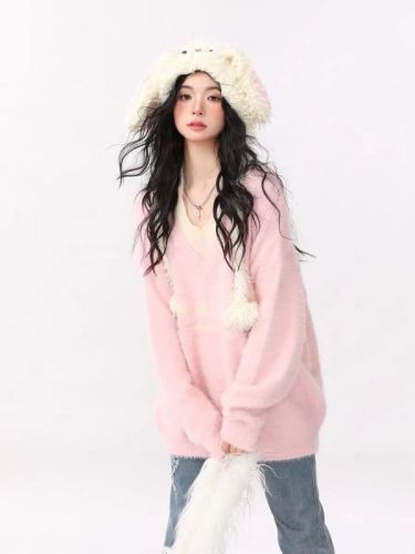 Imitation mink #fake two-piece soft and waxy lazy college style long-sleeved v-neck sweater jacket for women loose outer knitted