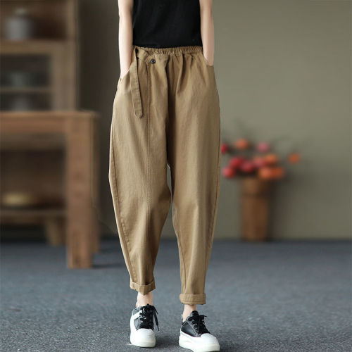 Autumn and summer pure cotton trousers withdrawn last order autumn foreign trade women's clothing retro cotton dad pants elastic waist harem pants for women