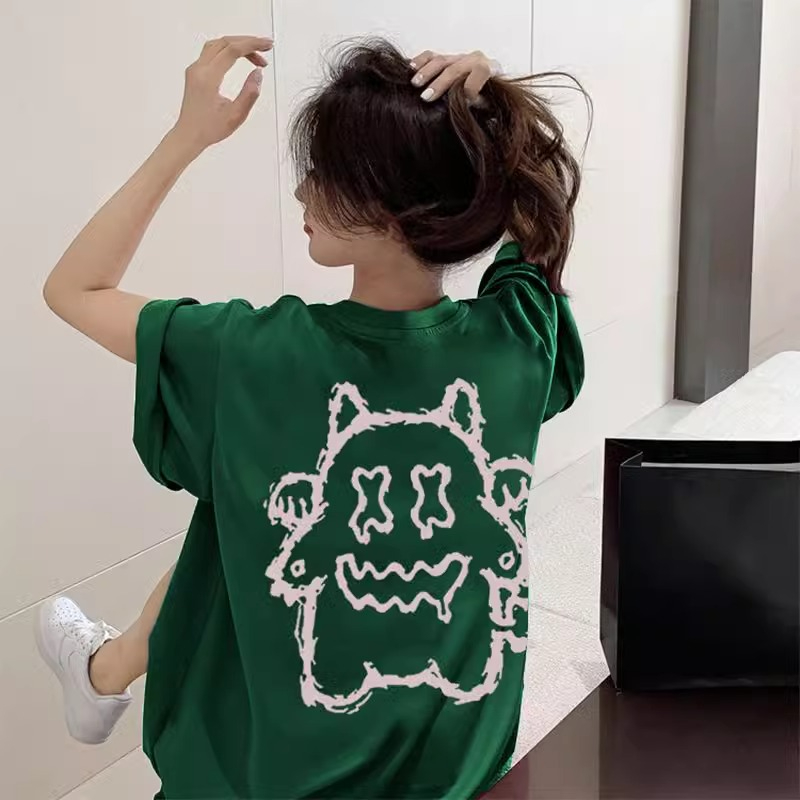 緊密220克歐美趣味卡通個性印花墨綠色顯白圓領短袖