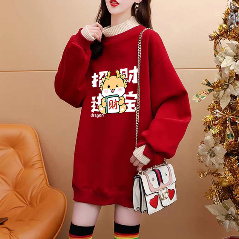 Pure cotton composite super soft autumn and winter super fire dragon print fake two-piece half turtleneck plus velvet sweatshirt for women