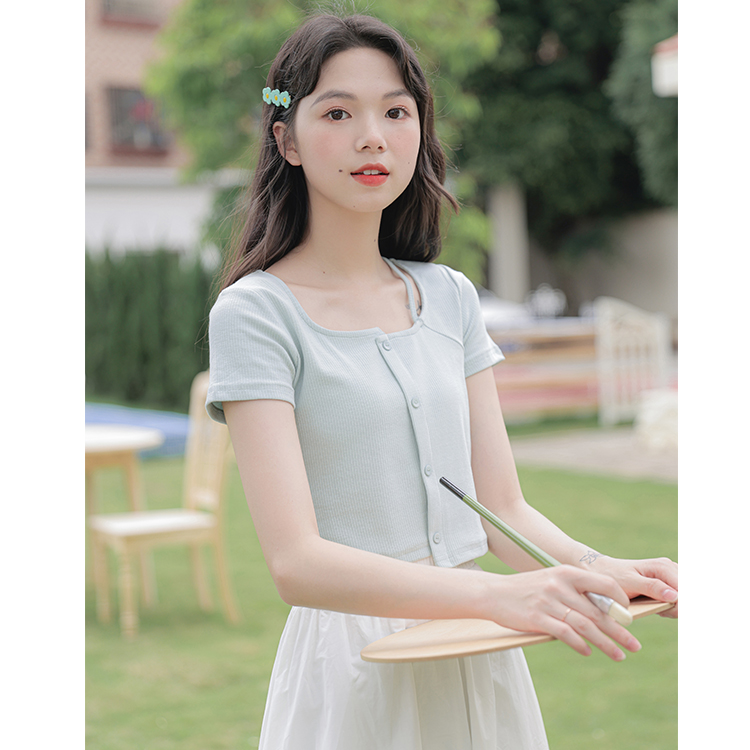 Actual shot of 2024 summer design women's short slim T-shirt women's sweet square neck shoulder strap irregular design top