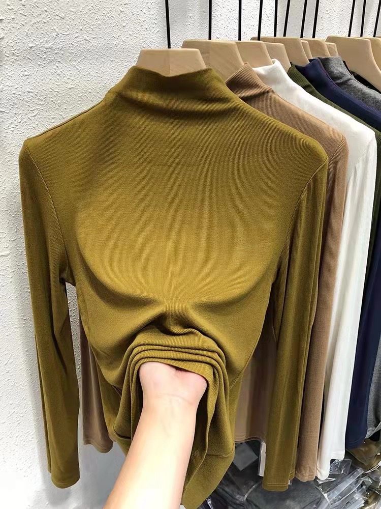 Early Autumn Knitted Sweater Women's 2024 New Trendy Half Turtle Neck Threaded Slim T-shirt Long Sleeve Bottoming Shirt Top