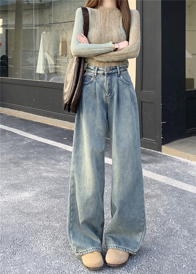Actual shot ~ early spring retro high-waisted slimming wide-leg jeans for women straight-leg pants with drapey floor-length pants