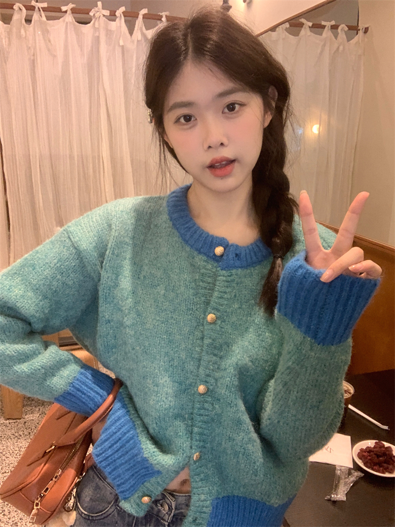 實拍~復古撞色毛衣女韓版寬鬆慵懶風軟糯藍色針織衫上衣