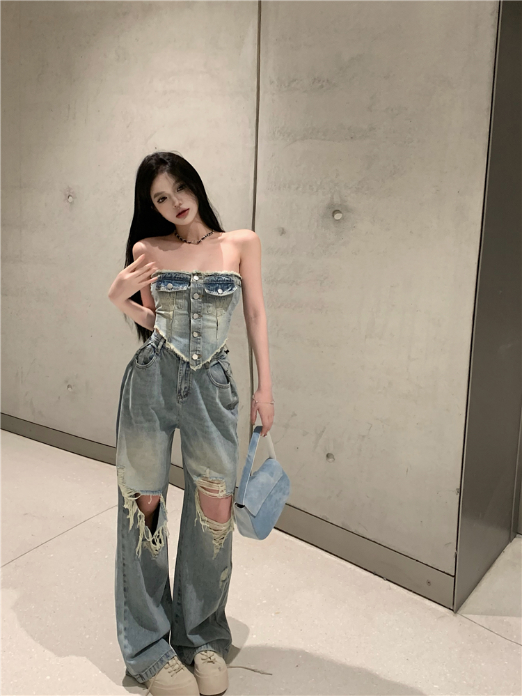 Real shot!  Spring Hot Girl Slim Fit Tube Top Ripped Jeans Fashion Suit