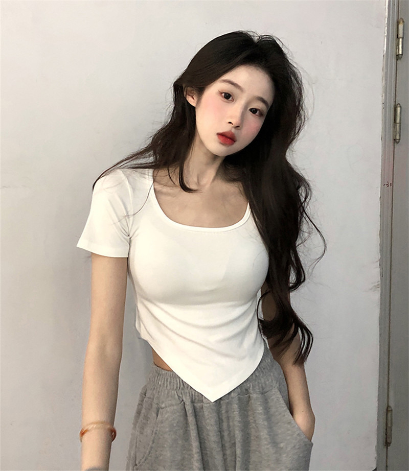 辣妹方領短袖女式夏季修身T恤