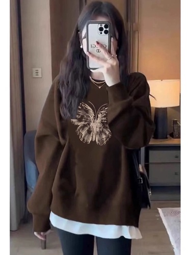 Brown Maillard high-end round-neck sweatshirt for small women in autumn and winter plus velvet and thickened western-style long-sleeved tops