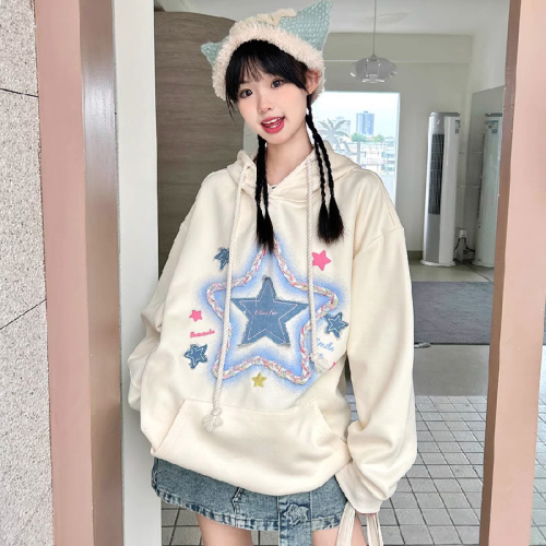 Original workmanship woven five-pointed star girl lazy chic loose sweet cool spring and autumn hooded sweatshirt trend