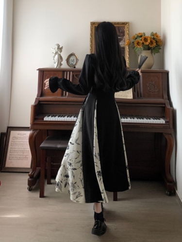 New Chinese style improved cheongsam skirt spring and autumn large size retro high-end print stitching large hem dress