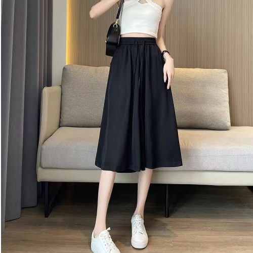 Women's large size ice silk wide-leg pants summer thin Korean style high-waisted A-line slim casual loose three-quarter culottes