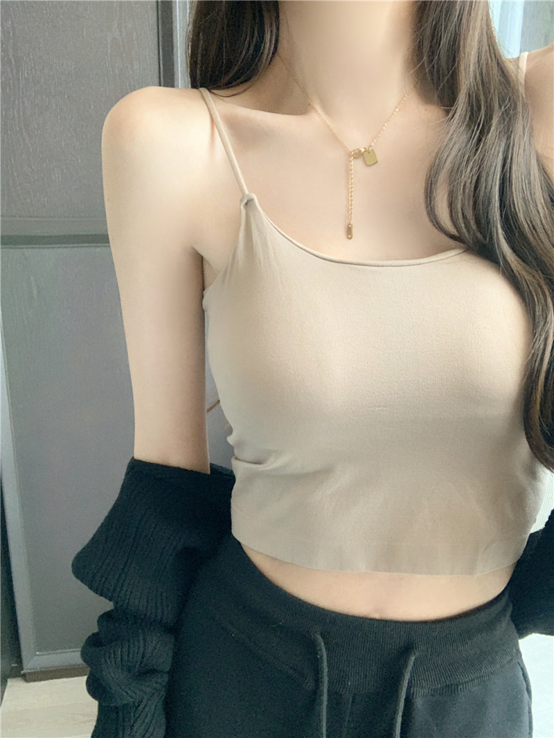實拍~春款無痕美背純欲短款吊帶背心帶胸墊內搭打底上衣