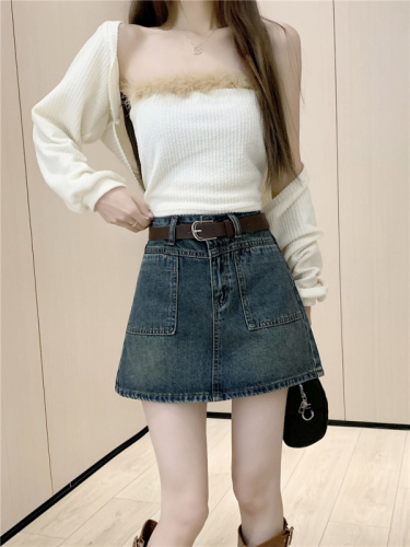 Actual shot ~ New style high-waisted slimming pocket design A-line anti-exposure denim skirt