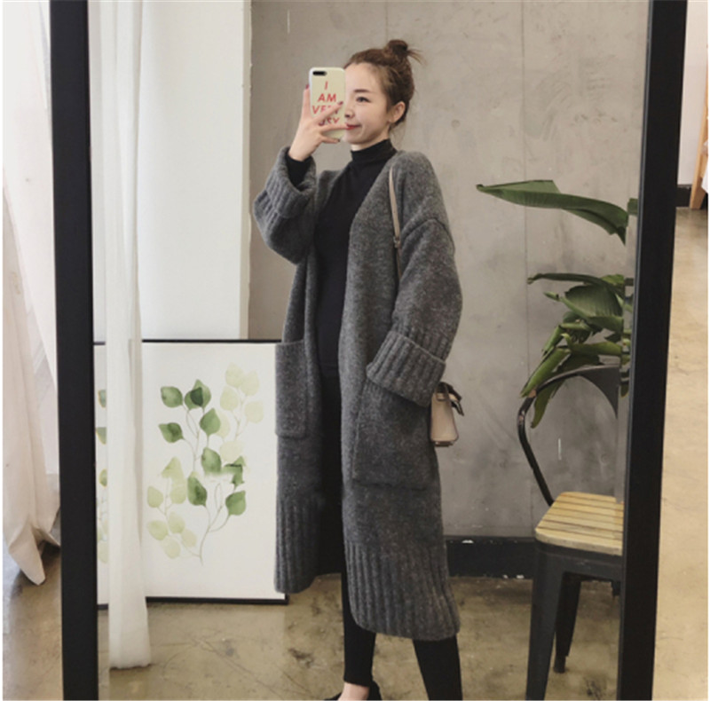New Korean style loose over-the-knee lazy style mid-length knitted sweater thickened cardigan jacket for women