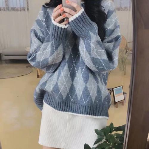 韩版简约甜美少女宽松学院风拼色菱格纹圆领针织毛衣打底衫