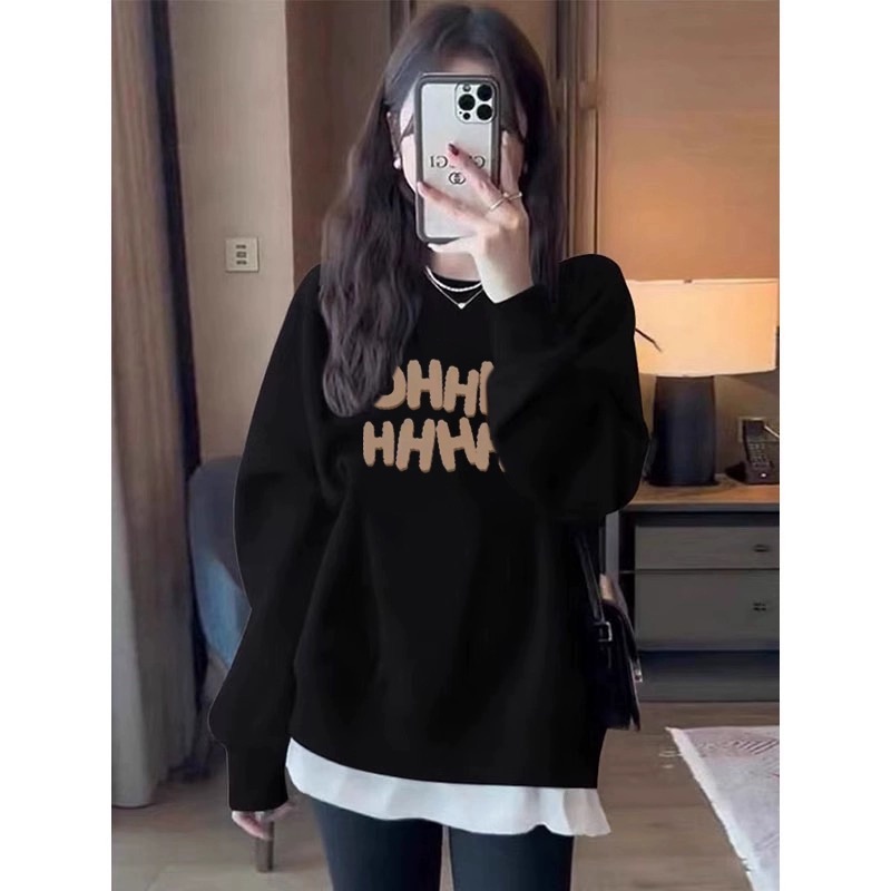 Brown Maillard high-end round-neck sweatshirt for small women in autumn and winter plus velvet and thickened western-style long-sleeved tops