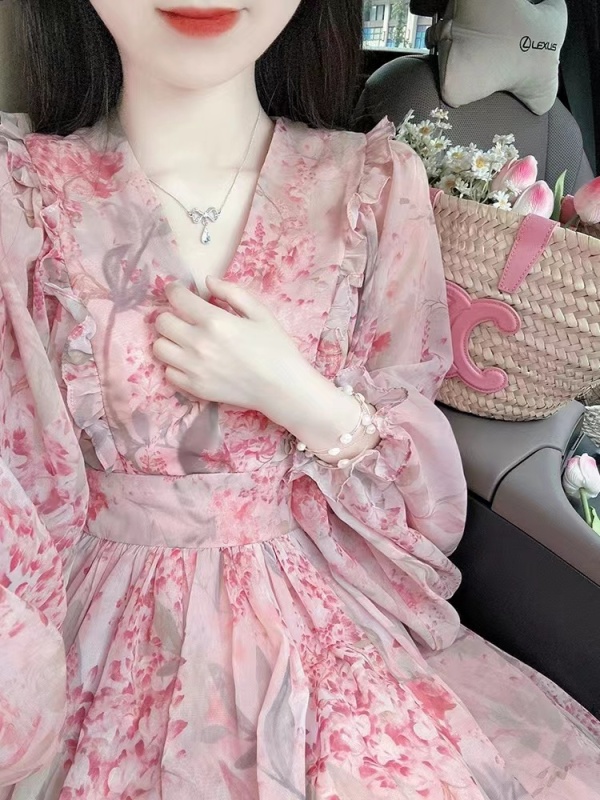 French gentle style floral long-sleeved dress for women early autumn new high-end waist slimming sexy long dress