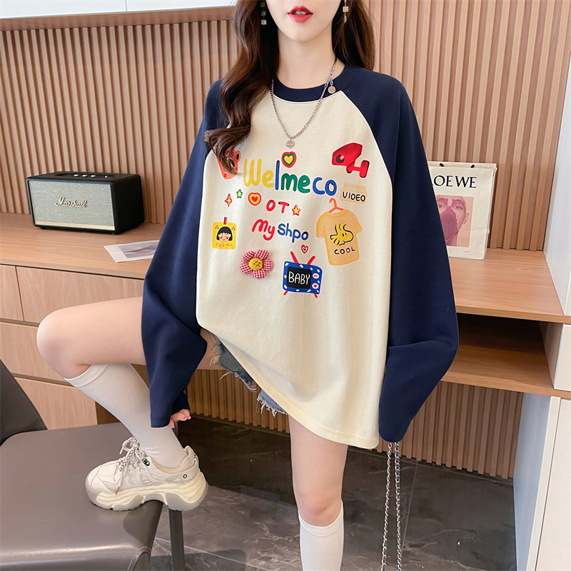Real shot 2024 spring new 280g loose double-sided German velvet round neck spliced ​​long-sleeved bottoming shirt T-shirt for women