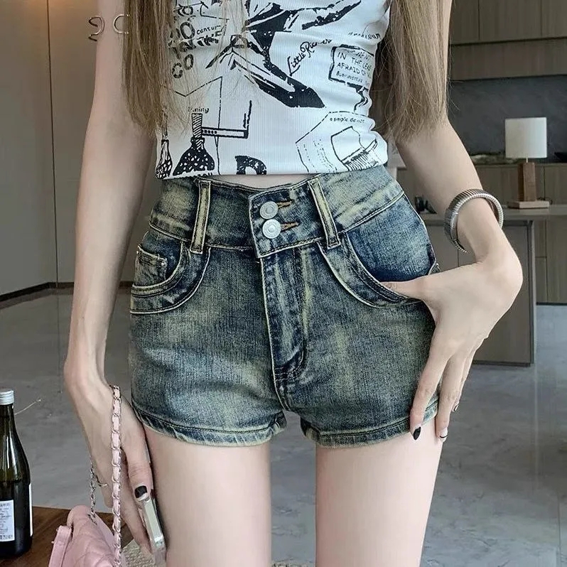 做舊復古牛仔短褲女夏季薄款高腰顯瘦設計感小眾美式辣妹a字熱褲