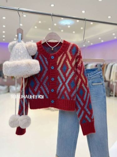 kk·studio’s top recommendations~New Year’s red Korean Dongdaemun new contrasting color knitted sweater jacket