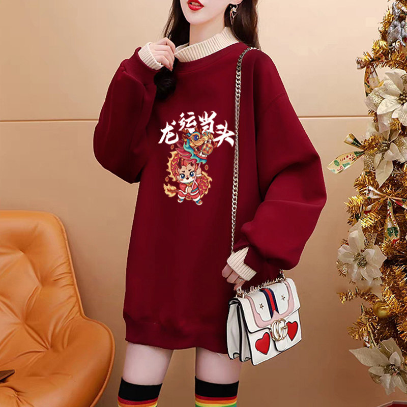 Pure cotton composite super soft autumn and winter super fire dragon print fake two-piece half turtleneck plus velvet sweatshirt for women