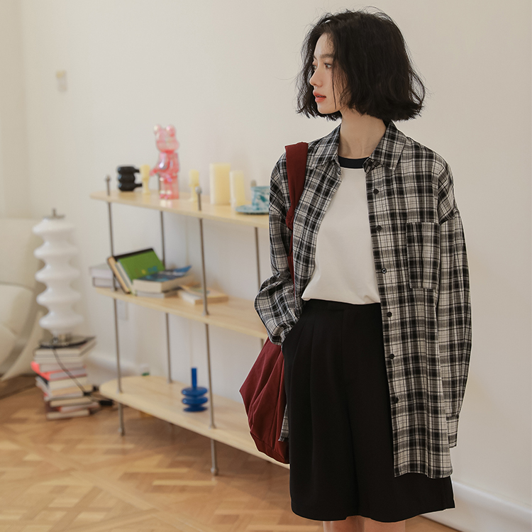 實拍黑白格子襯衫女設計感2024春內搭上衣寬鬆港味慵懶BF長袖襯衣