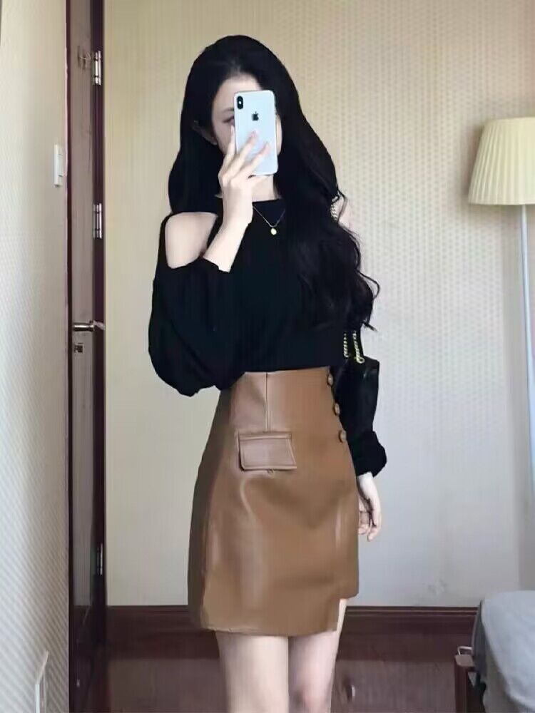 純欲風兩件套早春季甜美露肩氣質長袖T恤上衣+高腰A字皮裙套裝女