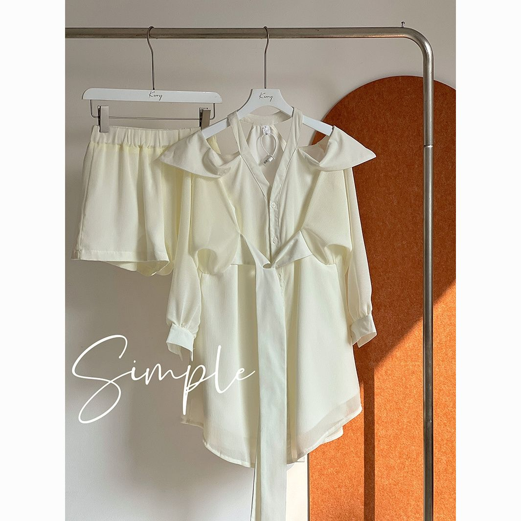 Slimming waist design, exquisite suit, gentle temperament, high-end apricot strap long-sleeved dress and shorts for women