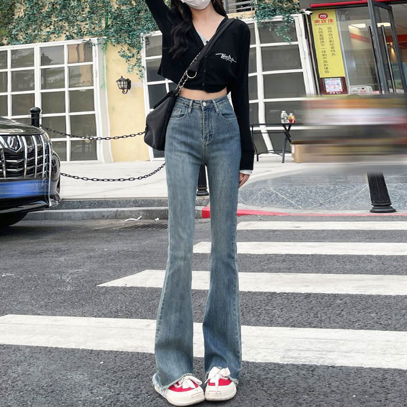 毛邊馬蹄褲子黑灰微喇褲彈力牛仔褲女小個子秋冬高腰修身喇叭長褲